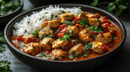 Delicious Chicken Curry with Rice in Dark Bowl, Fresh Herbs