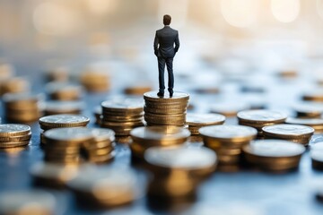 A businessman stands confidently atop a pile of coins, symbolizing financial success and investment