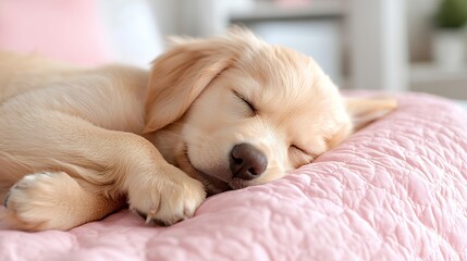 Adorable golden retriever puppy sleeping on pink bed