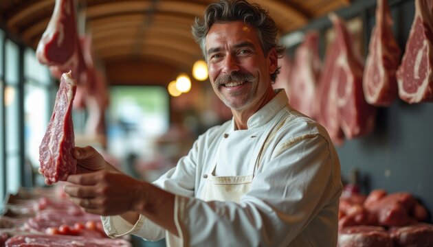 A friendly male butcher with a charming smile proudly holds up a fresh cut of meat in a bustling market. Surrounded by hanging cuts of meat, his passion for quality and craftsmanship shines through