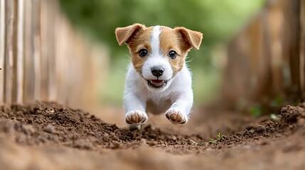 Adorable jack russell puppy jumping over dirt