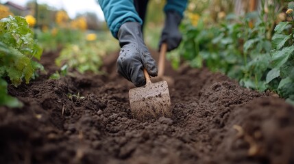 Fototapeta premium Gardener's hands in gloves tending to soil in lush vegetable garden setting