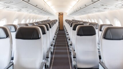 Fototapeta premium Clean empty airplane cabin brightly lit rows of seats. AI Generated