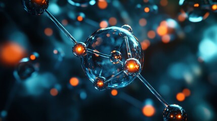 a hyper-realistic macro view of a water molecule (H2O), with glowing atoms and bonds