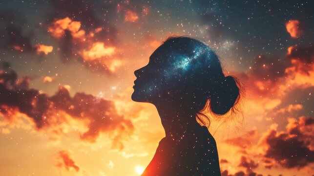 Silhouette of young female against cosmic sunset sky
