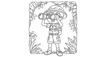 Obraz premium Boy Adventurer in Safari Gear with Binoculars Observing the Landscape