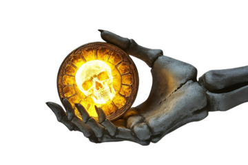 Skeletal pirate hand holding ancient map with haunted aura