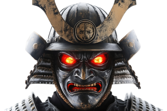 Haunted samurai helmet with glowing red eyes and eerie wisps On PNG Background