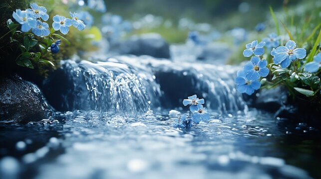 Blue Flowers Waterfall Nature Peaceful Stream. - Powered by Adobe