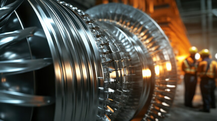 Fototapeta premium Two technicians discuss turbine components in a large industrial facility with bright lighting. The focus is on the intricate details of the machinery