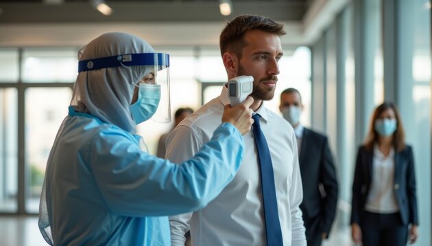 A healthcare professional in protective gear measures the temperature of a businessman in a modern office setting. This image highlights the importance of health and safety protocols in the workplace