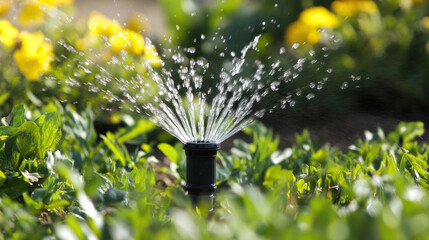 Water is being sprayed from a garden sprinkler, nourishing the lush green grass and bright yellow flowers under the warm sun of spring