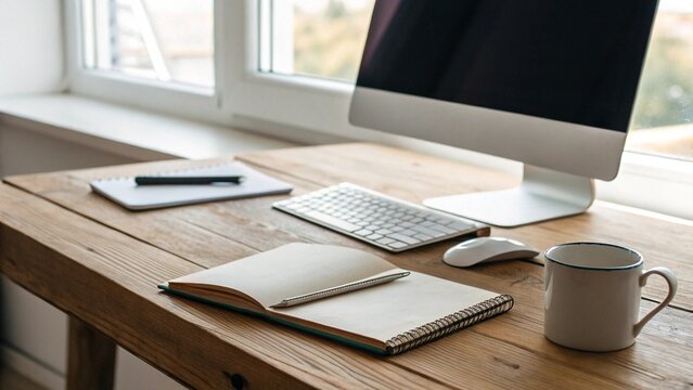 Modern workspace setup on wooden desk with computer monitor notebook coffee mug clean organized minimal productivity