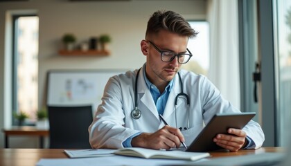 Obraz premium A dedicated male doctor, dressed in a white coat and glasses, intently examines a tablet in a modern office setting. The scene captures the essence of professionalism and care, highlighting the