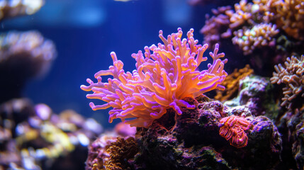 Obraz premium A colorful coral reef teems with life as pink anemones sway gently in the water. Bright coral structures create a vibrant underwater landscape, inviting exploration