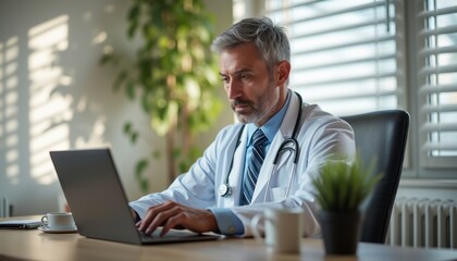 A distinguished male doctor with gray hair is intently typing on a laptop in a well-lit office, exuding professionalism and dedication. The scene is enhanced by a touch of greenery and soft sunlight