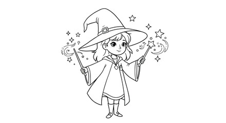 Girl Sorceress in Pointed Hat Holding a Magic Stick with a Whirling Charm