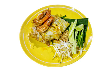 Top view of Prawn Pad Thai in yellow dish, focus selective