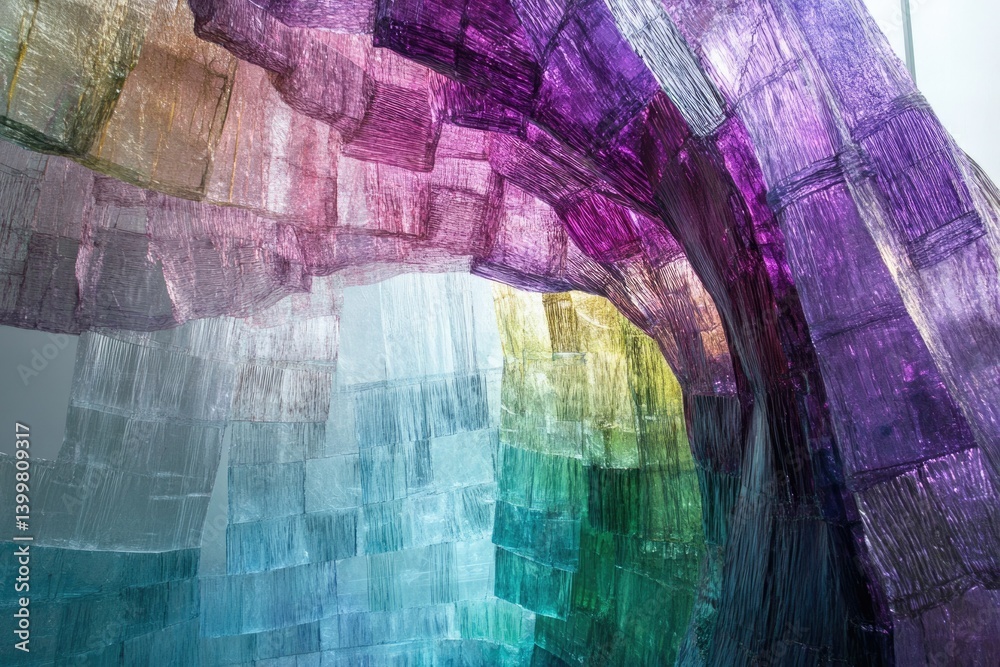Aufkleber Abstract art of colorful glass panels creating a wave-like pattern and a cave-like structure.