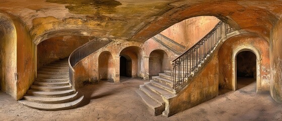 Decaying mansion's grand staircases, interior, ruin