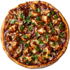 Delicious BBQ chicken pizza topped with red onions, cilantro, and melted cheese, isolated on transparent background.