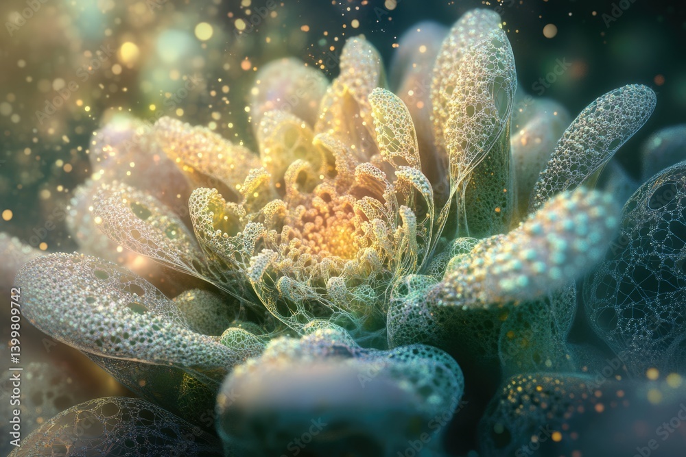 Poster a mesmerizing fractal flower, glowing with ethereal light and intricate details, showcasing a vibran