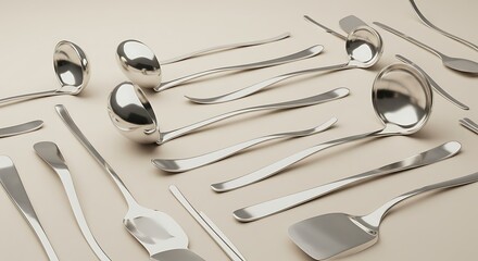 Arrangement of Kitchen Utensils Ladles and Spatulas on Beige Background