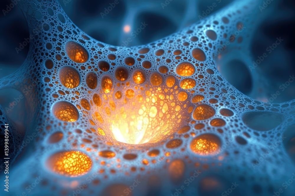 Poster Abstract 3D rendering of a glowing, intricate network of interconnected bubbles, resembling a complex biological structure or futuristic technology.