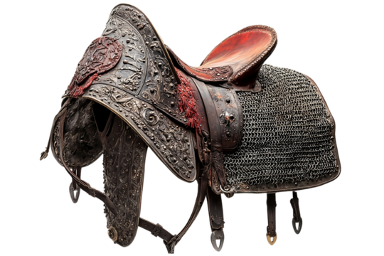 Heavily armored medieval warhorse saddle with chains and steel plating On PNG Background