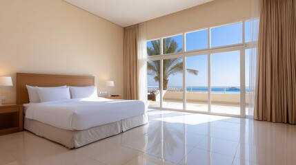 Fototapeta premium Elegant Luxury Hotel Room with Floor to Ceiling Windows