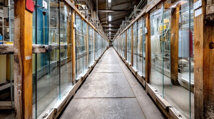 Fototapeta premium A long corridor in a glass factory, lined with panels, stretches into industrial depths.