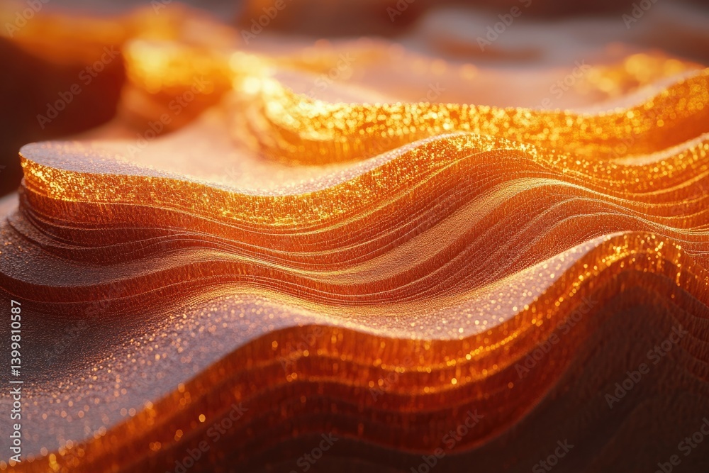 Poster abstract golden landscape, shimmering waves of layered texture, illuminated by warm light.