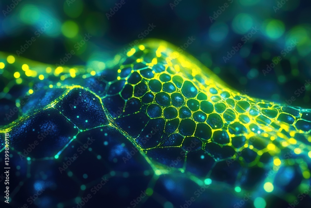Poster abstract digital art depicting a glowing, cellular network structure with vibrant green and blue hue