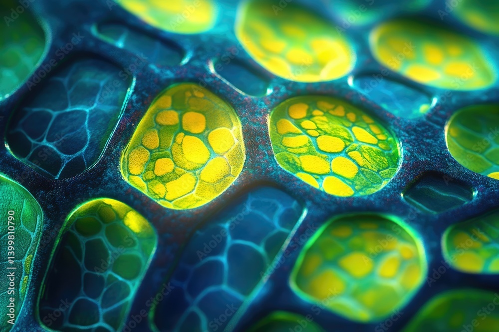 Poster abstract microscopic image showing vibrant yellow and green cells within a dark blue, interconnected