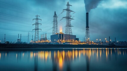Obraz premium Industrial power plant at twilight by a calm river, with electricity pylons, reflecting in the water, and smoke stacks.