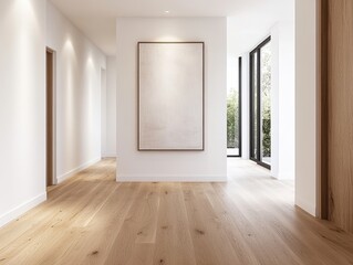 Fototapeta premium Minimalist Hallway with Abstract Art Piece in Bright Interior Space