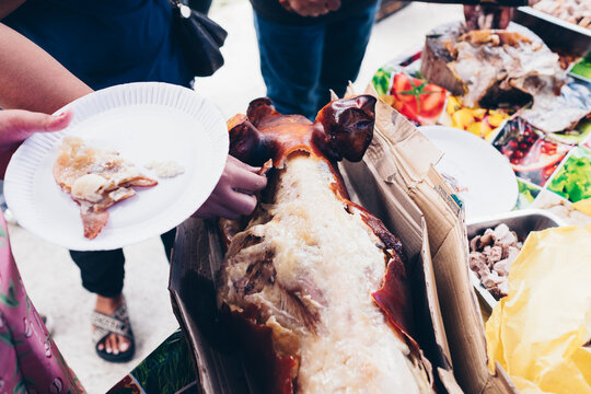 Hand's getting a piece of skin on the head of the popular, delicious and crispy roasted pig known as "lechon baboy" with exposed fat and meat body. Selective focus. Copy space.