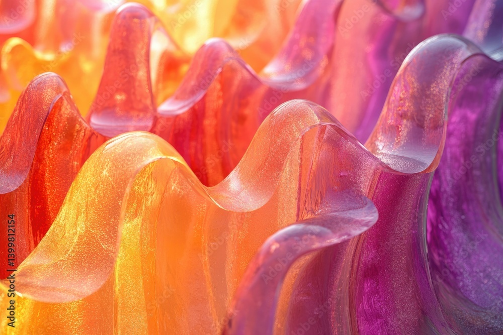 Poster abstract image of translucent, wavy forms in warm, gradient colors ranging from orange to purple.