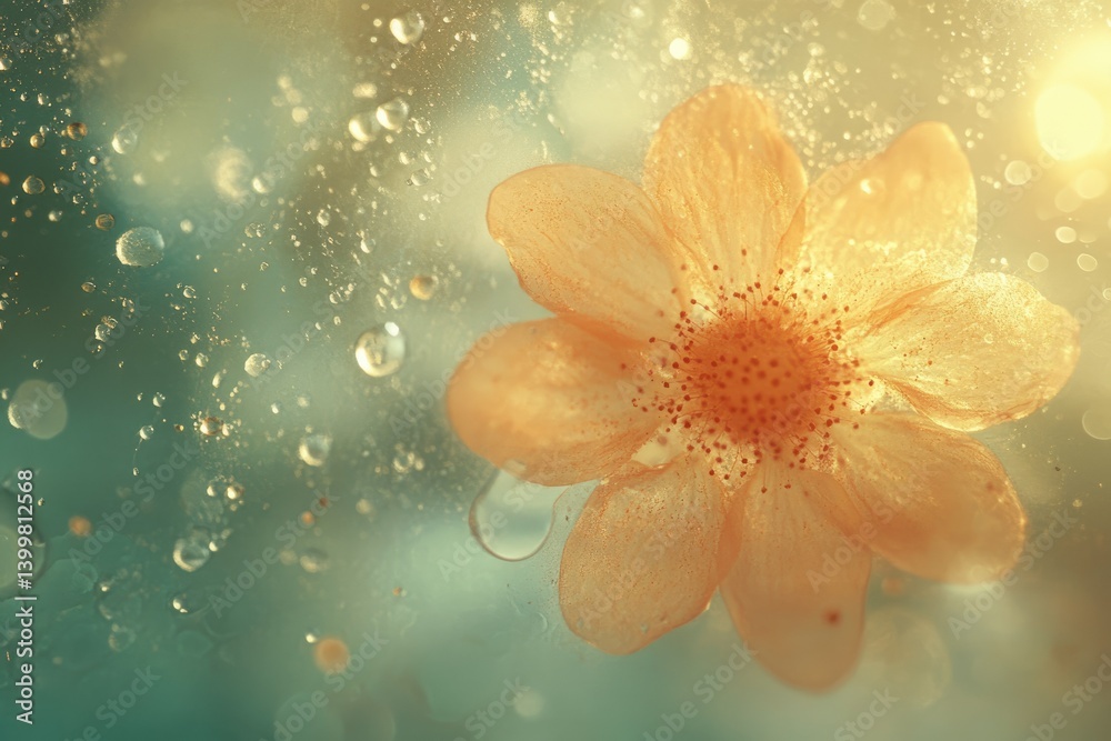 Poster a delicate, peach-colored flower submerged in water, surrounded by shimmering bubbles and soft light