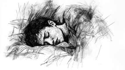 Fototapeta premium Sleeping Figure on Pillow in Artistic Black and White Sketch Style