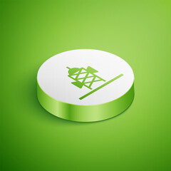 Isometric Antenna icon isolated on green background. Radio antenna wireless. Technology and network signal radio antenna. White circle button. Vector