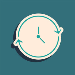 Green Clock icon isolated on green background. Time symbol. Long shadow style. Vector