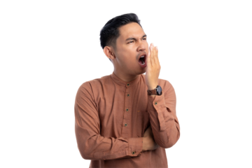 Handsome Asian Muslim man checking breath freshness isolated on transparent background