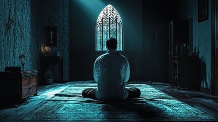 Serene Reflection in a Dimly Lit Room with Stained Glass Window