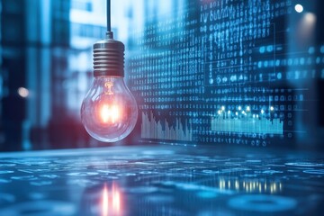 Light bulb illuminating data and technology background in a modern office environment