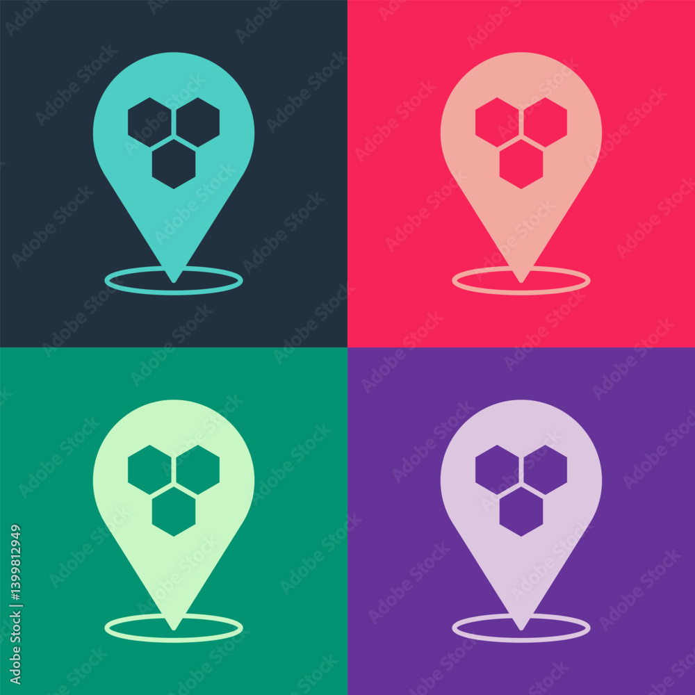 Poster pop art honeycomb bee location map pin pointer icon isolated on color background. farm animal map po