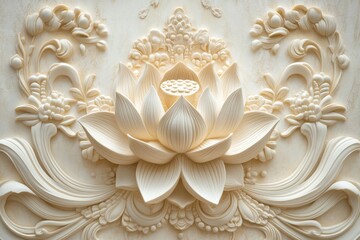 Ornate lotus flower bas-relief carving on a light beige background.  Detailed floral and scrollwork patterns surround the central lotus blossom