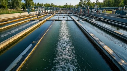 Naklejka premium Industrial wastewater treatment plant with multiple channels of dark water flowing through concrete basins.