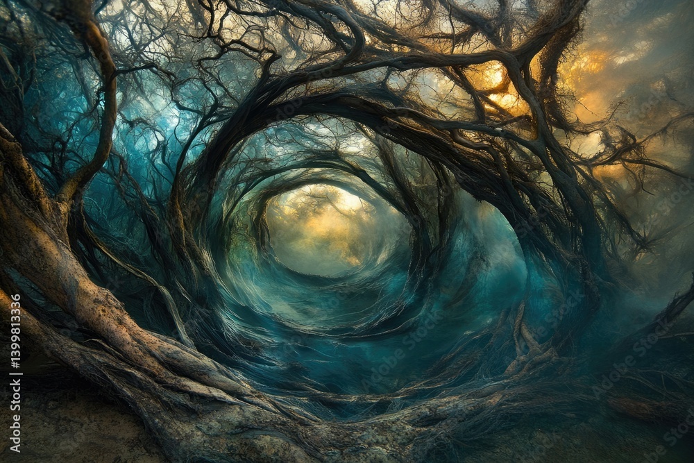 Poster a swirling vortex of ancient trees creates a mystical, ethereal passage into a sunlit clearing.
