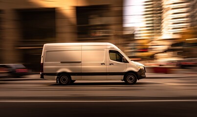 Fototapeta premium A white van speeding on an urban road at dusk, motion-blurred cityscape background with streaking light trails, headlights casting sharp beams, realistic vehicle texture with metallic reflections